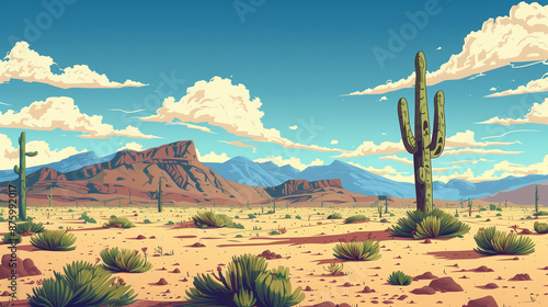 Colorful illustration of a desert landscape with vegetation and cacti