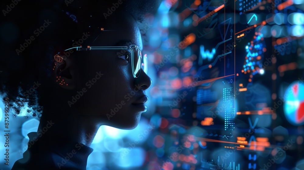 Profile of a Young Woman Engrossed in Luminous Data Streams - ai generated Profile of a Young Woman Engrossed in Luminous Data Streams - ai generated