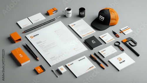 Flat lay of branding mock-up with pens, notepads, business cards, a coffee mug and a baseball cap.