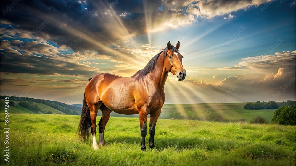 Majestic brown horse standing in a green field under the sun rays, horse, equine, animal, nature, wildlife, beautiful, mammal Majestic brown horse standing in a green field under the sun rays, horse, equine, animal, nature, wildlife, beautiful, mammal