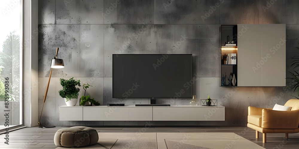 Modern interior of living room with armchair and cabinet for tv on dark green color wall background. Modern interior of living room with armchair and cabinet for tv on dark green color wall background.