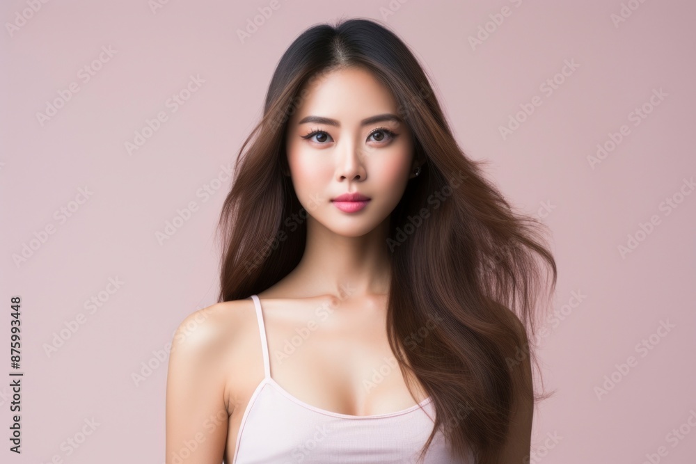 Portrait of a beautiful Asian woman with long, flowing hair wearing a pink camisole Portrait of a beautiful Asian woman with long, flowing hair wearing a pink camisole