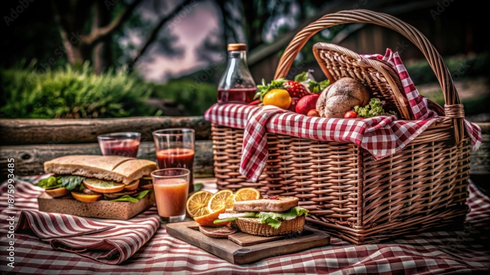 picnic basket, blanket, and various food items like sandwiches, fruits, and drinks picnic basket, blanket, and various food items like sandwiches, fruits, and drinks