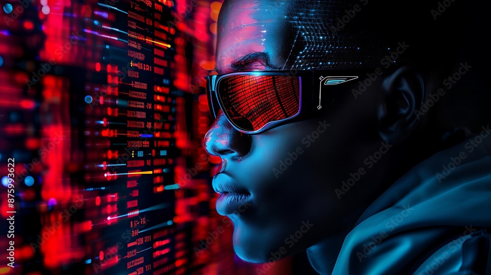 A digital art of an African man in futuristic glasses, standing against the backdrop of computer code and data streams, symbolizing his role as leader within edgy technology spaces. The vibrant A digital art of an African man in futuristic glasses, standing against the backdrop of computer code and data streams, symbolizing his role as leader within edgy technology spaces. The vibrant