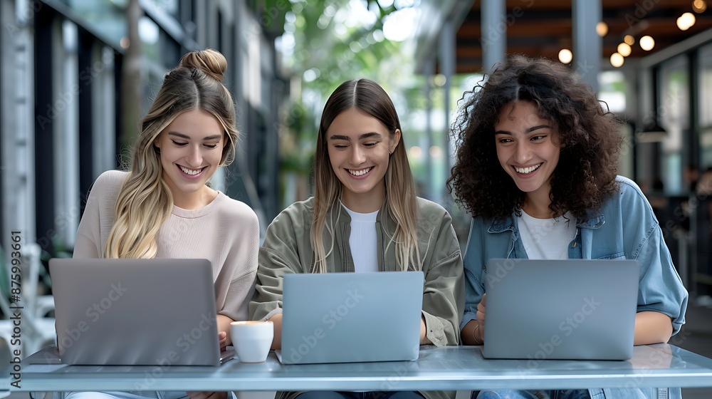 Young women laughing with friends at the coffee shop, while working on laptops together. Cinematic scene. Movie still image. Ultra realistic style. Natural lighting. Young women laughing with friends at the coffee shop, while working on laptops together. Cinematic scene. Movie still image. Ultra realistic style. Natural lighting.
