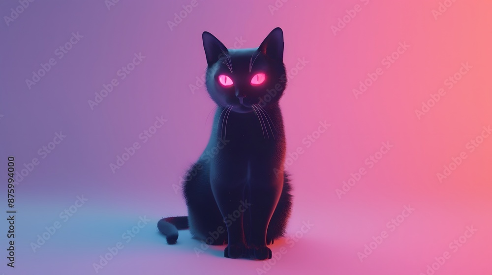 Obraz premium 3D render of A black cat with glowing eyes on a pastel purple background, no peaple
