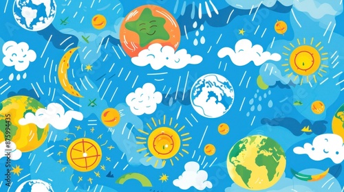Colorful Doodle Illustration of Earth, Sun, Clouds and Rain