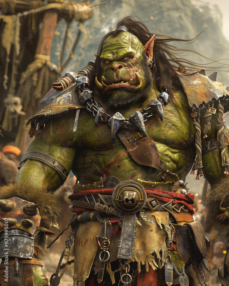 fierce orc chieftain with tribal armor and battle-worn appearance in a war-torn setting, digital fantasy art fierce orc chieftain with tribal armor and battle-worn appearance in a war-torn setting, digital fantasy art