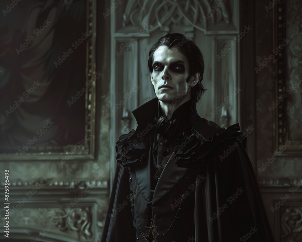 elegant vampire aristocrat in Victorian attire with a sinister expression, digital gothic fantasy illustration