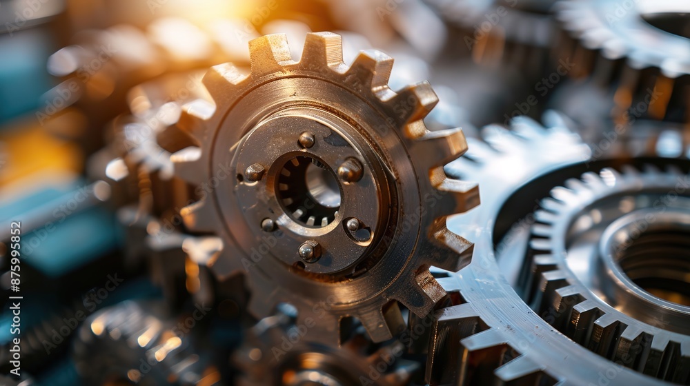 Precision Engineered Metallic Gears and Cogs Close-Up with Blurred Background Precision Engineered Metallic Gears and Cogs Close-Up with Blurred Background