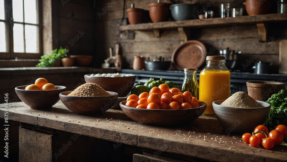 Healthy food ingredients in a rustic kitchen Healthy food ingredients in a rustic kitchen