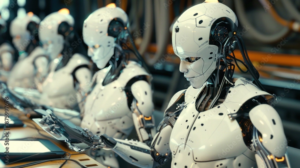 Fototapeta premium Humanoid Robots Working in a Factory Setting