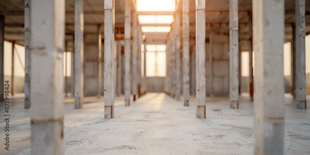 Concrete pillars and beams in an unfinished building. Sunlight streams in. Concrete pillars and beams in an unfinished building. Sunlight streams in.