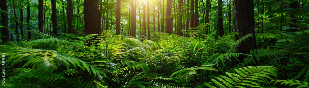 Fototapeta premium Sunlight filtering through dense forest, illuminating vibrant green ferns below, creating a serene natural scene.