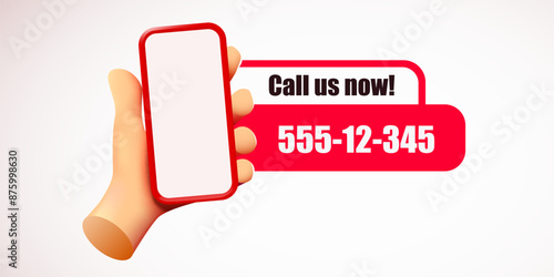 Call us now. Hand holding phone with message. Customer support concept.