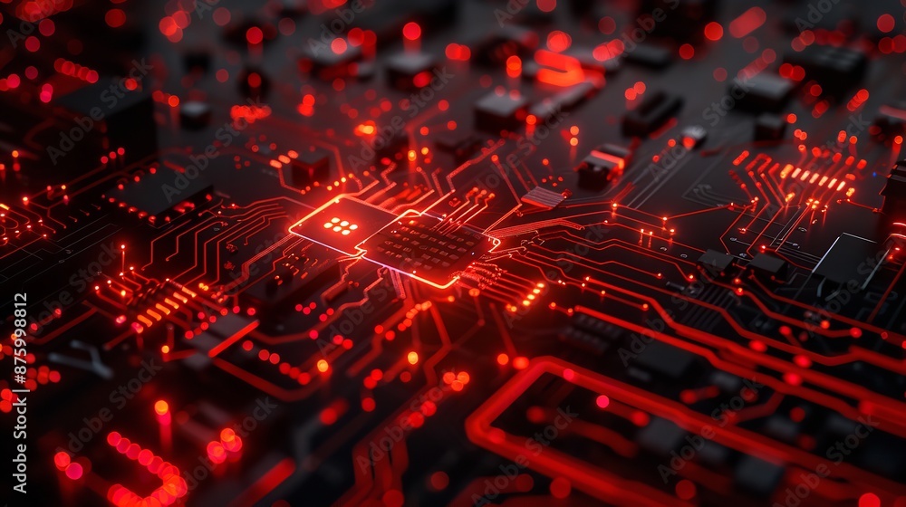 Added reality light orange glowing eye with embedded digital technology and microchip printed board background for ophtalmology and optics concept Added reality light orange glowing eye with embedded digital technology and microchip printed board background for ophtalmology and optics concept