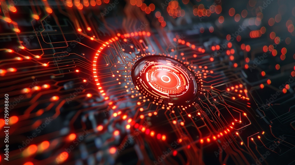 Obraz premium Added reality light orange glowing eye with embedded digital technology and microchip printed board background for ophtalmology and optics concept