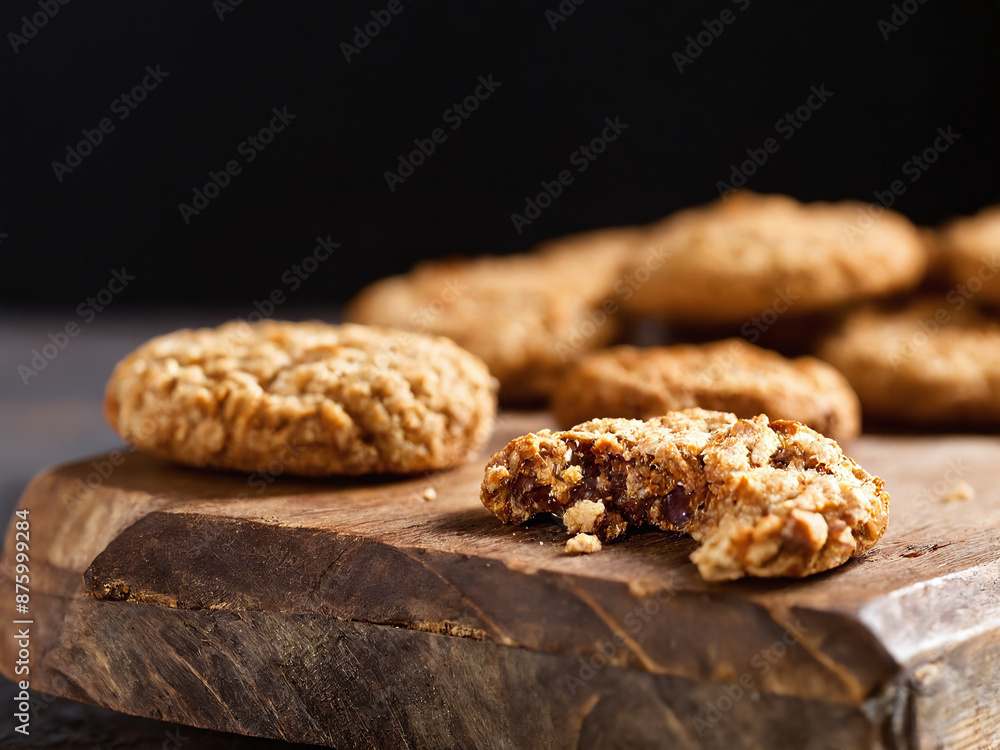 A close up of a half-eaten cookie on a wooden cutting board. Dog food biscuit A close up of a half-eaten cookie on a wooden cutting board. Dog food biscuit