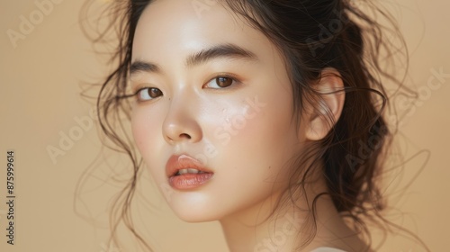 Elegant Asian Beauty with Flawless Skin in Korean Makeup Style on Beige Background for Skincare Advertising