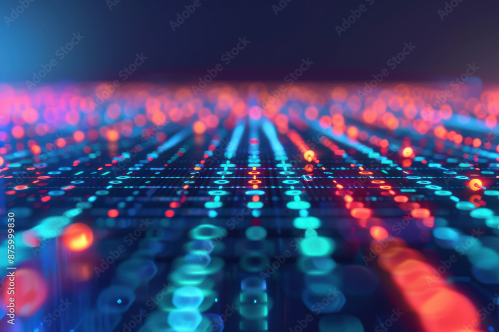Fototapeta premium Abstract digital background with glowing binary code in blue and red hues. Technology and data visualization concept.