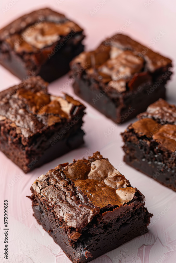 Close-up of delicious chocolate brownies with a crunchy top and moist interior, set against a pink background. Ideal for dessert and baking themes. Close-up of delicious chocolate brownies with a crunchy top and moist interior, set against a pink background. Ideal for dessert and baking themes.