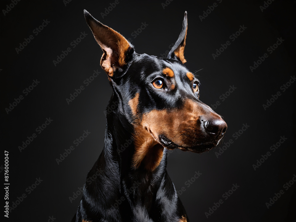 Black and tan doberman pinscher portrait in studio lighting Black and tan doberman pinscher portrait in studio lighting