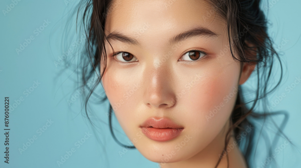 Flawless Asian Beauty: Close-Up Portrait of Young Woman with Korean Makeup on Light Blue Background for Skincare Ads Flawless Asian Beauty: Close-Up Portrait of Young Woman with Korean Makeup on Light Blue Background for Skincare Ads
