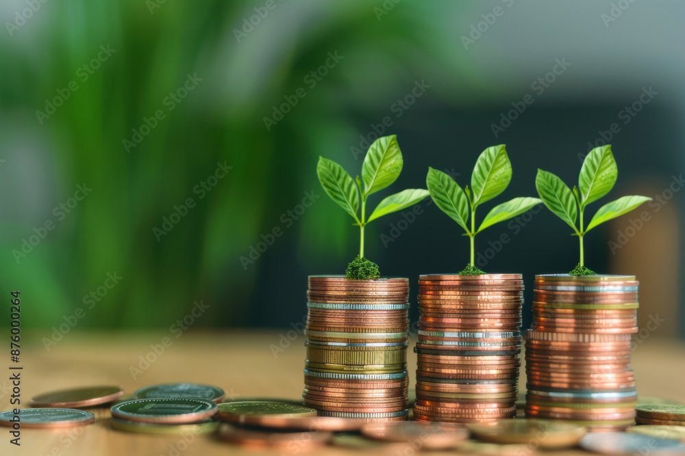 Three green plants growing on stacks of coins symbolizing investment growth, financial success, and economic development. Three green plants growing on stacks of coins symbolizing investment growth, financial success, and economic development.