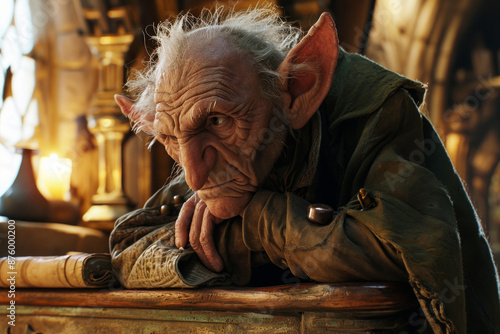A pensive goblin with large ears and a wrinkled face leans on a desk in a medieval setting.