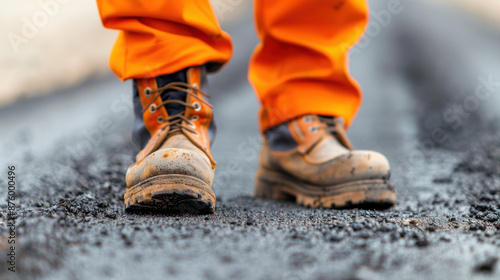 Close-up of construction worker boots on a newly paved road, wearing orange work pants, showcasing the rugged footwear and fresh asphalt.