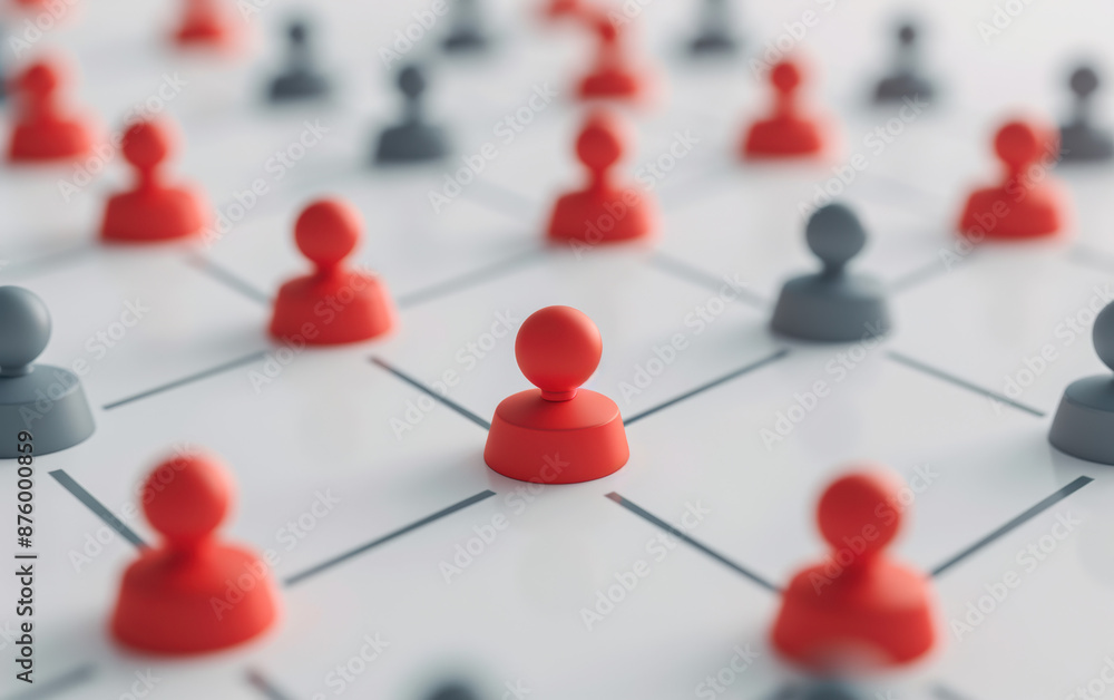 Red and grey chess pawns on a connected board represent networking, teamwork, and organizational structure in a professional business concept. Red and grey chess pawns on a connected board represent networking, teamwork, and organizational structure in a professional business concept.