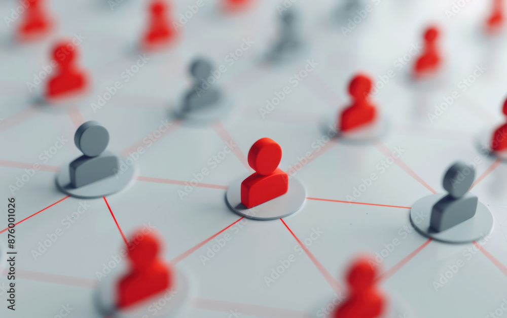 Abstract network with red and grey people icons connected by lines, representing communication, teamwork, and connections. Abstract network with red and grey people icons connected by lines, representing communication, teamwork, and connections.