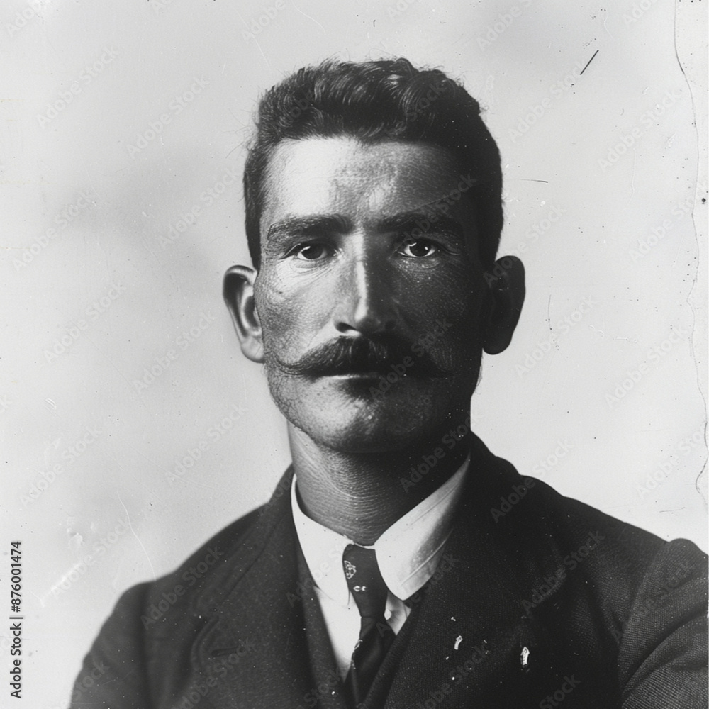 A black and white photograph of an Italian man, The photograph was taken in 1918, The man is wearing early 20th-century attire, The photograph have a vintage feel with a simple background A black and white photograph of an Italian man, The photograph was taken in 1918, The man is wearing early 20th-century attire, The photograph have a vintage feel with a simple background