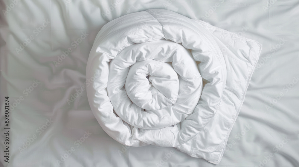 Obraz premium A neatly rolled white comforter on a soft bed, capturing the essence of comfort and cleanliness, perfect for bedroom product showcases and home decor inspiration.