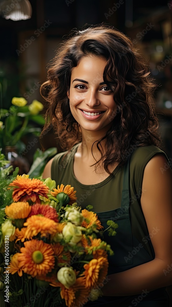 a woman in an orange dress holds a bunch of flowers. a woman in an orange dress holds a bunch of flowers.