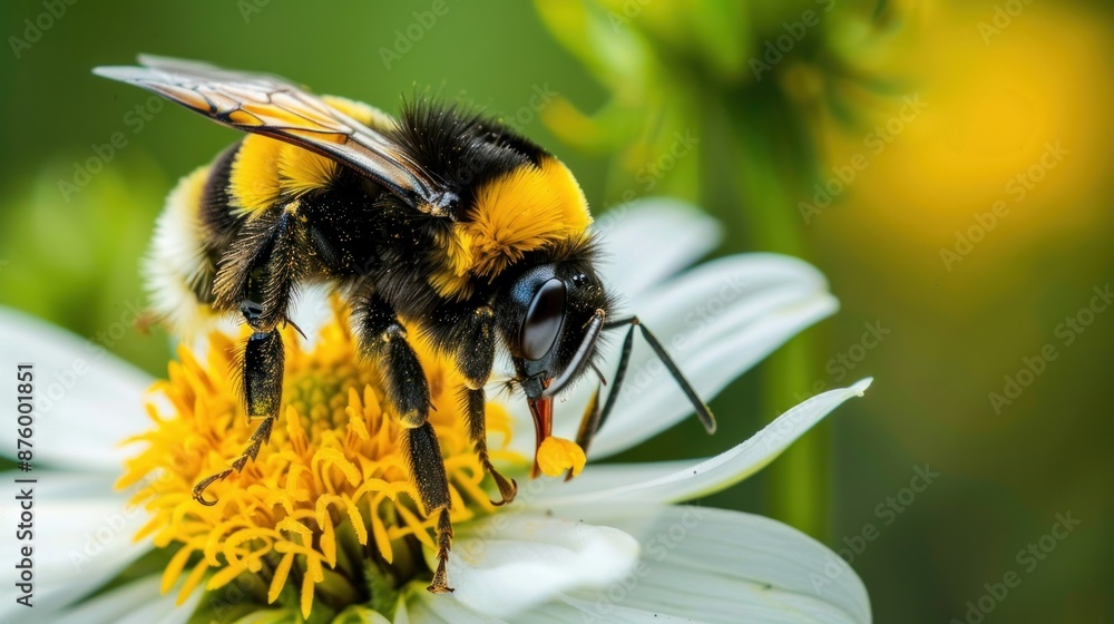 A yellow and black bumblebee perched on a white flower, its long tongue sipping nectar. A yellow and black bumblebee perched on a white flower, its long tongue sipping nectar.
