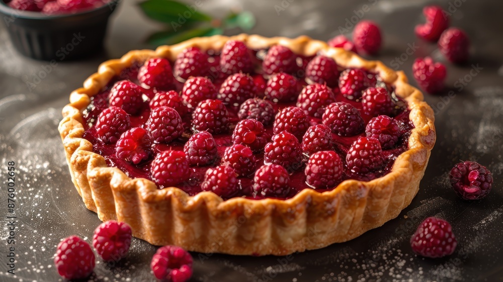 A delicious raspberry tart with a flaky crust, nestled on a rustic surface A delicious raspberry tart with a flaky crust, nestled on a rustic surface