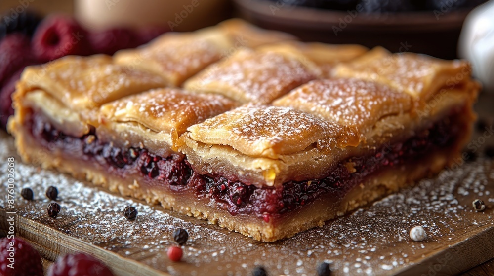 A freshly baked berry pie with a golden crust and powdered sugar dusted on top A freshly baked berry pie with a golden crust and powdered sugar dusted on top