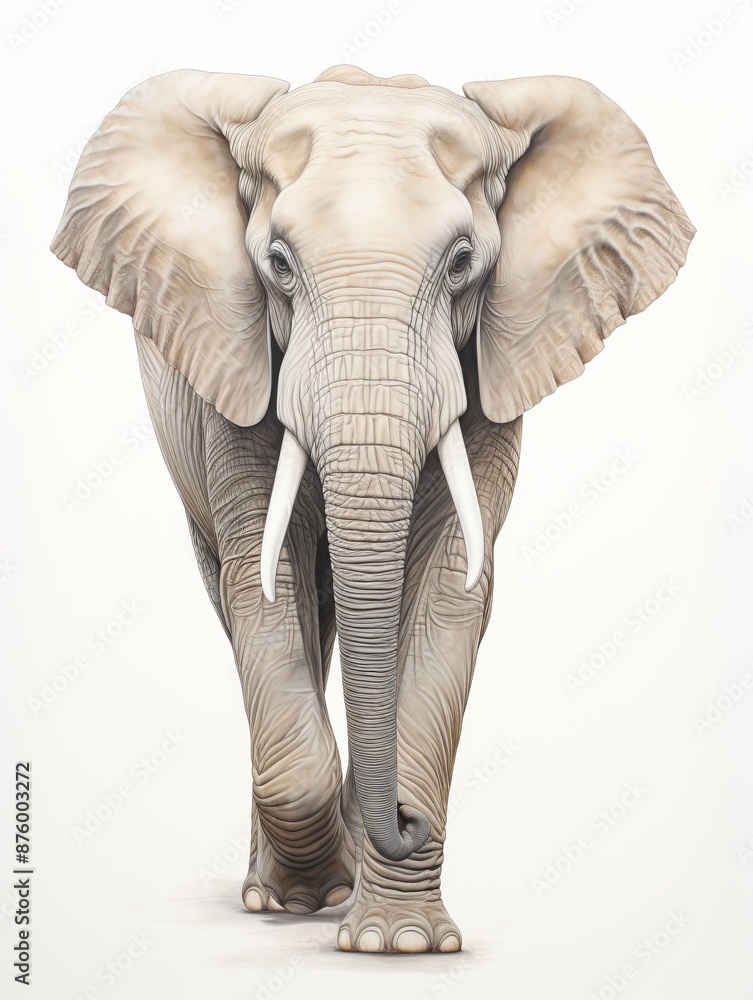 Fototapeta premium An elephant walking towards camera on white background