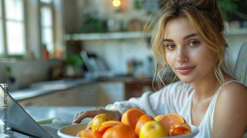 Woman smiles at camera while typing on laptop next to plate of citrus Woman smiles at camera while typing on laptop next to plate of citrus