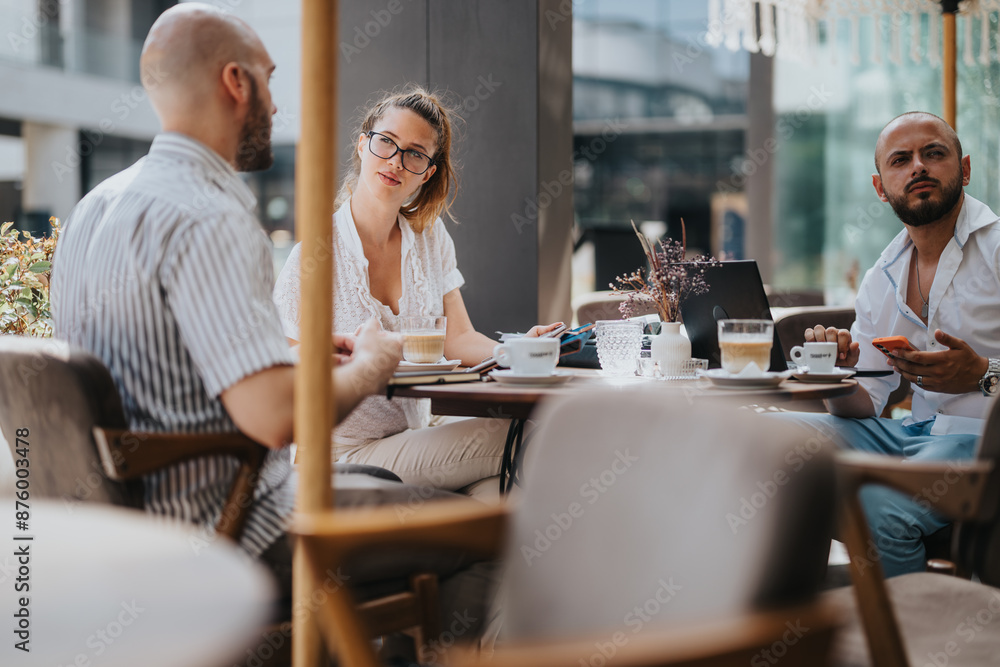 Startup team having a business meeting, brainstorming and strategizing ideas at a modern outdoor cafe setting Startup team having a business meeting, brainstorming and strategizing ideas at a modern outdoor cafe setting