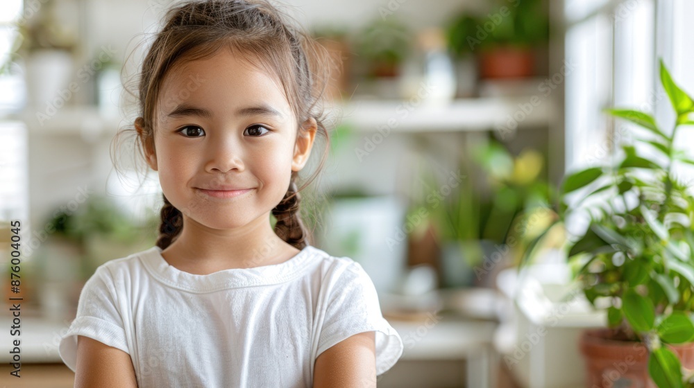 A young girl with dark hair smiles sweetly while standing in a home with natural light A young girl with dark hair smiles sweetly while standing in a home with natural light