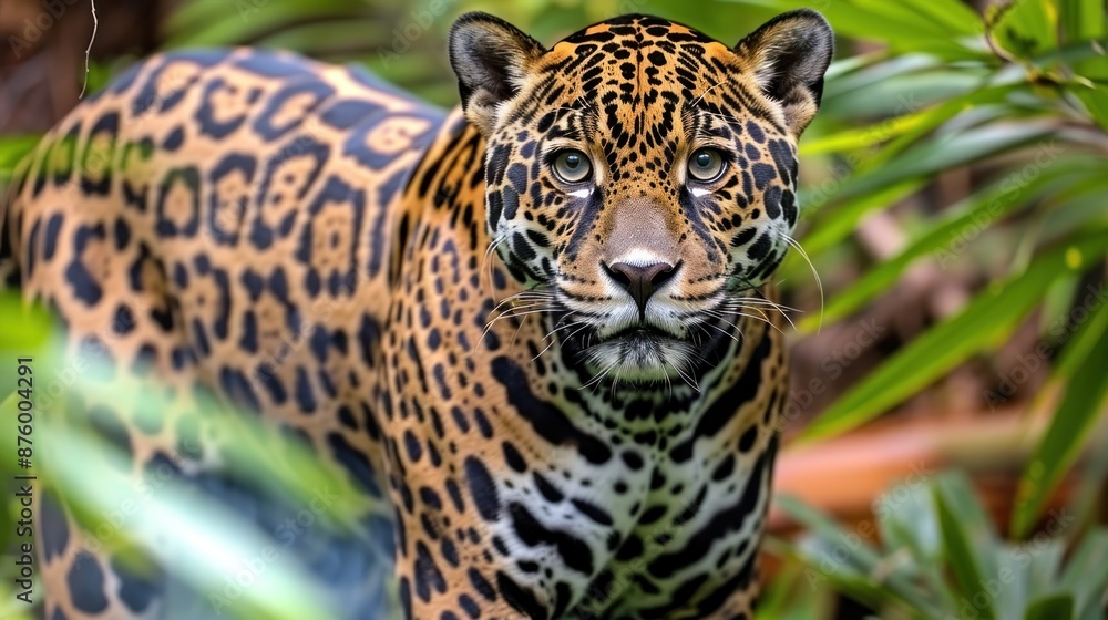 A jaguar peers through the dense green foliage of the rainforest A jaguar peers through the dense green foliage of the rainforest