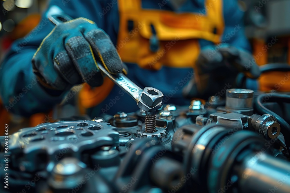 A mechanic in a workshop setting is working on an engine, tightening bolts with tools, depicting precision, skill, and the technical aspect of mechanical work. A mechanic in a workshop setting is working on an engine, tightening bolts with tools, depicting precision, skill, and the technical aspect of mechanical work.