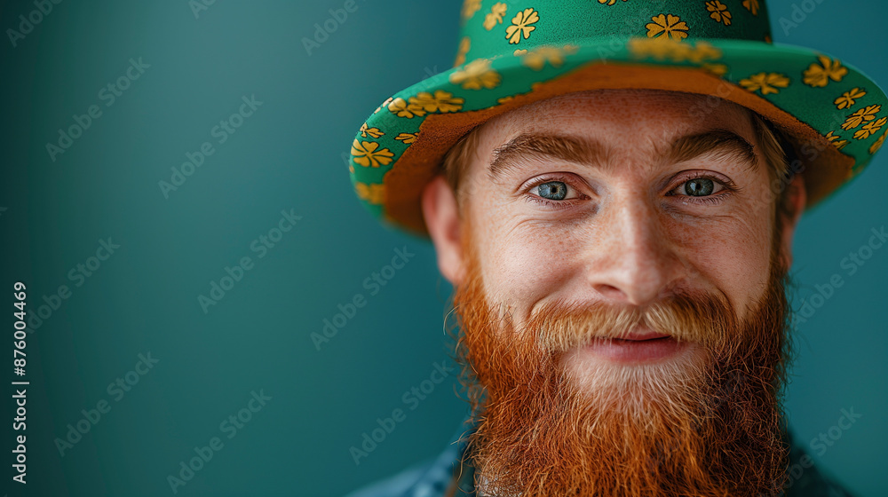 Portrait of a Man Wearing a Green Shamrock Hat Against a Green Background Portrait of a Man Wearing a Green Shamrock Hat Against a Green Background