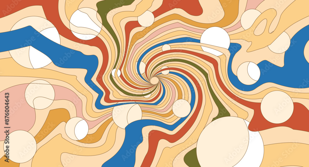 Psychedelic swirl background. Trippy abstract illustration. Retro colours background. Vintage backdrop with lines and shapes. 