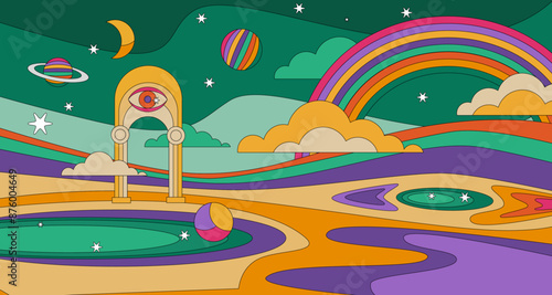 Surrealism abstract. Psychedelic landscape with surreal elements. Trippy colours vector illustration. Mystical and esoteric background. 