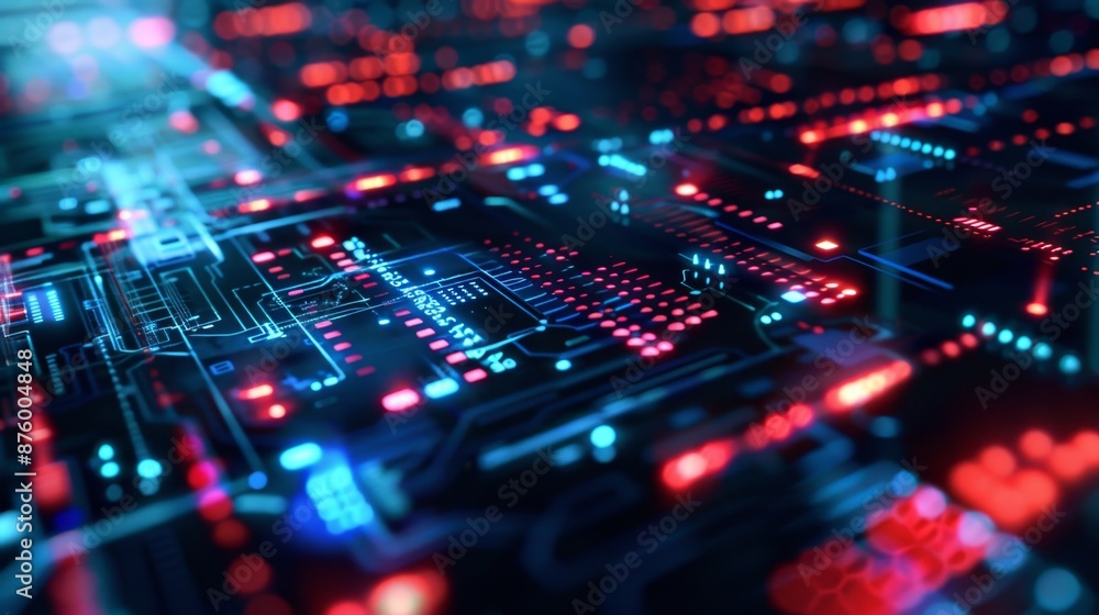 Abstract Circuit Board with Red and Blue Lights. Abstract Circuit Board with Red and Blue Lights.