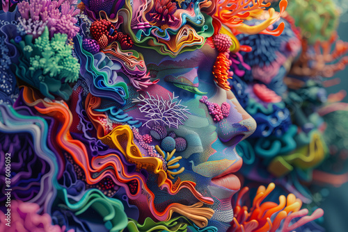 Fototapeta Naklejka Na Ścianę i Meble -  A colorful coral reef made of psychedelic fractals, with a beautiful woman's face in the center, in the style of psychedelic art