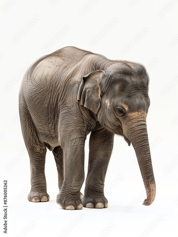 Fototapeta premium A baby elephant is standing in front of a white background